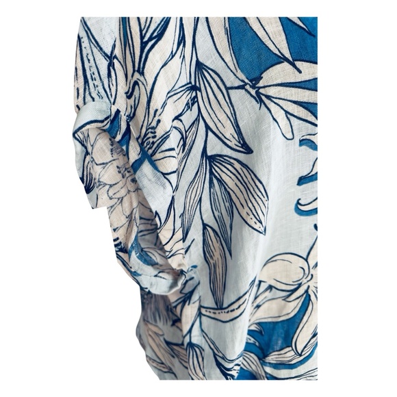 H HALSTON Linen Floral Shirt Top Size L Button-Up Short Sleeve Blue White - Picture 5 of 8